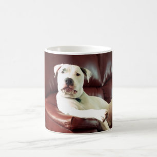 grappige witte pitbull hond op de bank koffiemok