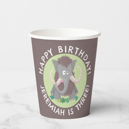 Grappige wollige mammoet cartoon gepersonaliseerde papieren bekers (Achterkant)