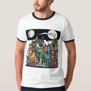 Grappige Wolven en Volle Maan Abstracte Kunst T-shirt