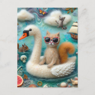 Grappige Woolie Swan Float Met Een Kat Briefkaart