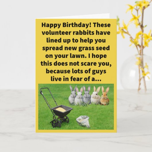 Grappige woordspeling opnieuw zaaien haas lijn gel kaart (Gele Bloem)