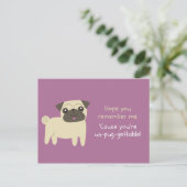 Grappige woordspeling - Paarse Pug geïllustreerd Briefkaart (Staand voorkant)