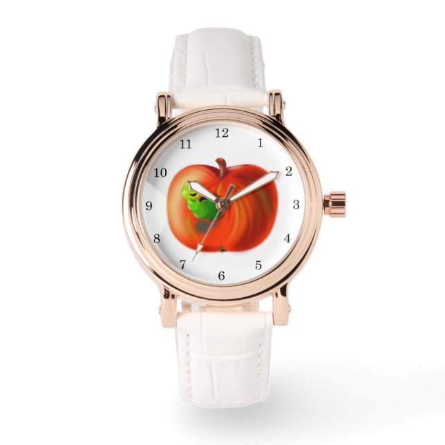 Grappige Worm In Rood Apple Horloge (Voorkant)