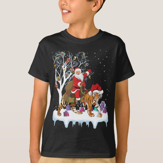 Grappige Xmas Verlichting Boom Santa Riding Tiger T-shirt (Voorkant)