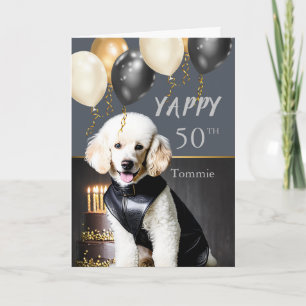 Grappige Yappy 50e verjaardag witte poedel in leer Feestdagen Kaart