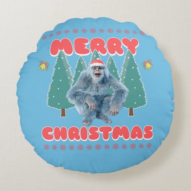 Grappige Yeti - Prettig Kerstfeest Rond Kussen (Voorkant)