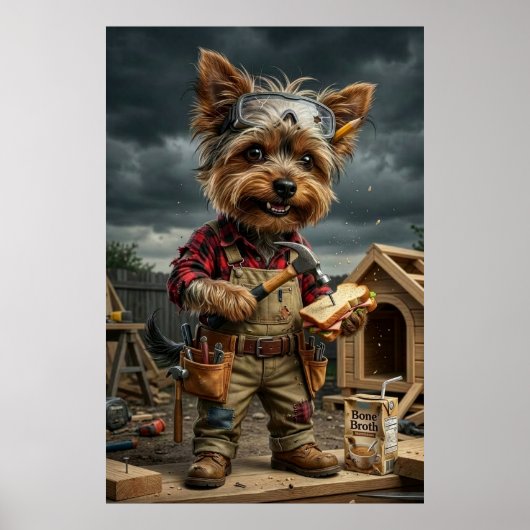 Grappige Yorkie Bouwvakker Poster – Speels (Voorkant)