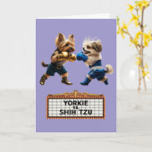 Grappige Yorkie vs. Shih Tzu kaart (Gele Bloem)