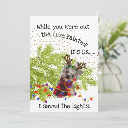 Grappige Yorkshire Terrier heeft de kerstverlichti Feestdagenkaart (Staand voorkant)