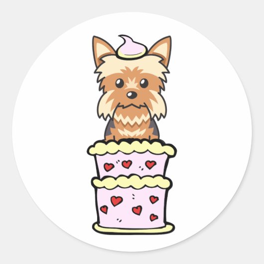 Grappige yorkshire terrier springen uit een taart ronde sticker (Voorkant)