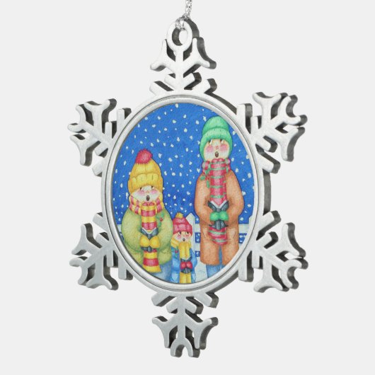 grappige zangeressen in de sneeuw op kerst tin sneeuwvlok ornament (Rechts)