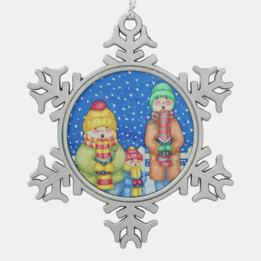 grappige zangeressen in de sneeuw op kerst tin sneeuwvlok ornament (Voorkant)