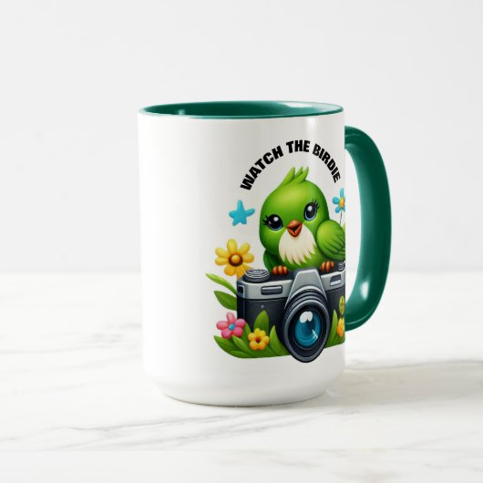 Grappige zangvogel zittend op een camera mok (Voorkant rechts)