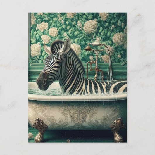 Grappige Zebra in een badkuip Bloemenbadkamer Briefkaart (Voorkant)