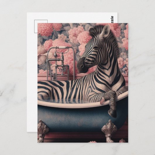 Grappige Zebra in een badkuip in een roze bloemenb Briefkaart (Voorkant / Achterkant)
