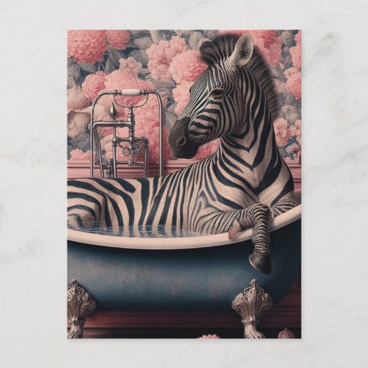 Grappige Zebra in een badkuip in een roze bloemenb Briefkaart (Voorkant)
