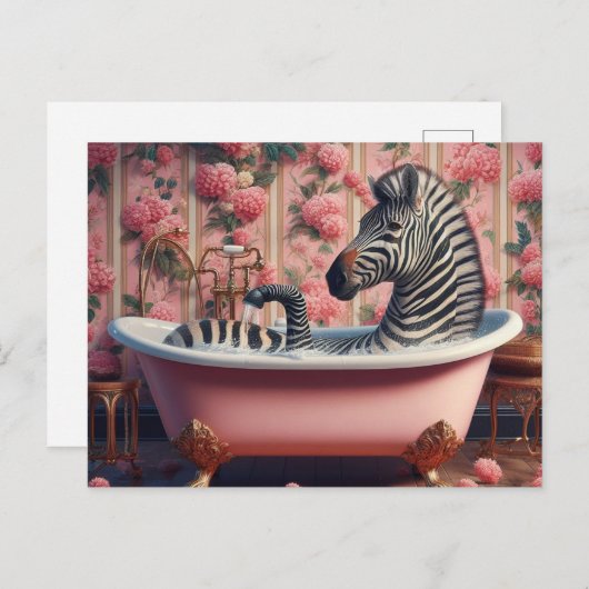 Grappige Zebra in een badkuip Roze Bloemenbadkamer Briefkaart (Voorkant / Achterkant)