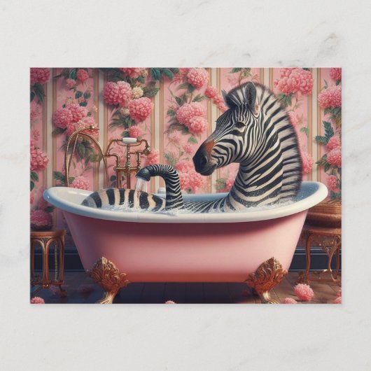 Grappige Zebra in een badkuip Roze Bloemenbadkamer Briefkaart (Voorkant)