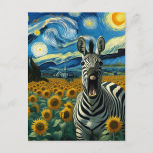 Grappige Zebra in faux Van Gogh Zonnebloemenveld Briefkaart