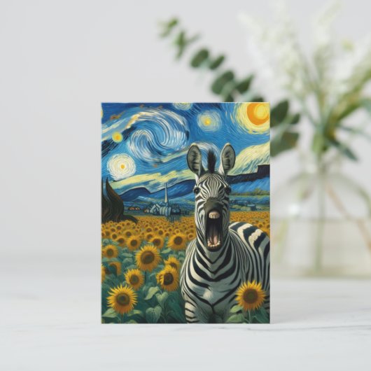 Grappige Zebra in faux Van Gogh Zonnebloemenveld Briefkaart (Staand voorkant)