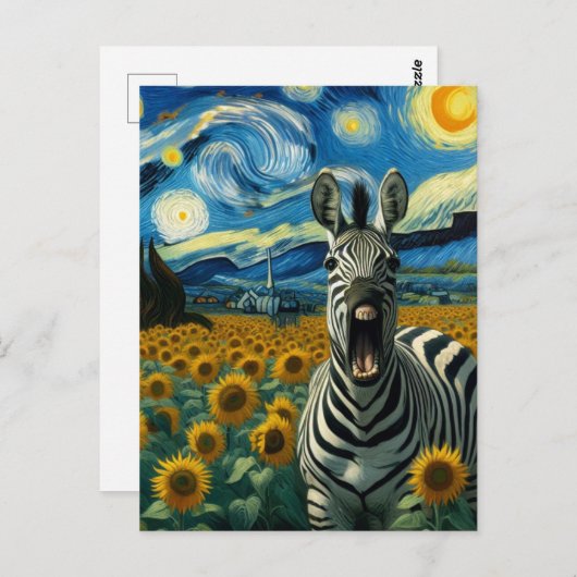 Grappige Zebra in faux Van Gogh Zonnebloemenveld Briefkaart (Voorkant / Achterkant)