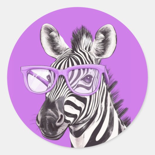 Grappige zebra-ronde sticker met paarse bril (Voorkant)