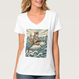 Grappige Zeeman Kat Rijdt Tonijn Vis Vintage T-shirt