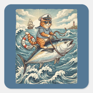 Grappige Zeeman Kat Rijdt Tonijn Vis Vintage Vierkante Sticker