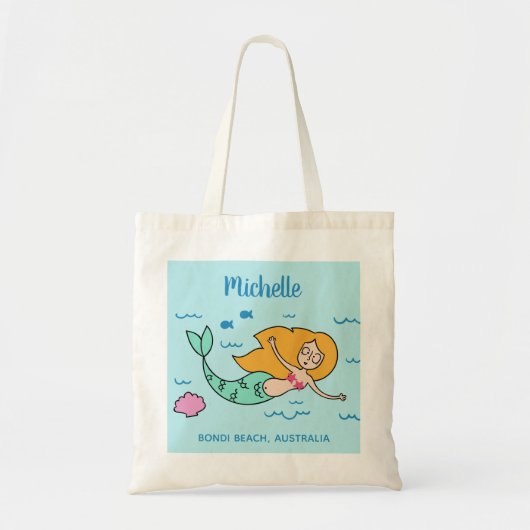 Grappige zeemeermin aangepaste naam & locatie bood tote bag (Voorkant)