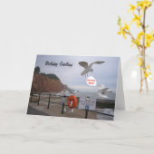 Grappige zeemeeuw verjaardagskaart, aanpasbaar kaart (Gele Bloem)