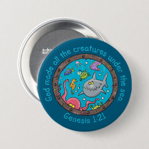 Grappige zeewezens cartoon bijbelvers voor kindere ronde button 7,6 cm