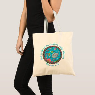 Grappige zeewezens cartoon bijbelvers voor kindere tote bag