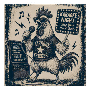 Grappige zingende haan vintage muziek illustratie perfect poster