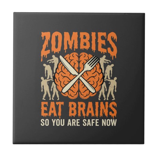 Grappige Zombie Eet Hersenen Halloween Vector Ontw Tegeltje (Voorkant)
