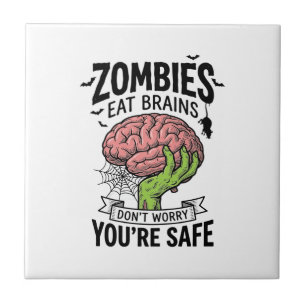 Grappige Zombie Eet Hersenen Je Bent Veilig Hallow Tegeltje