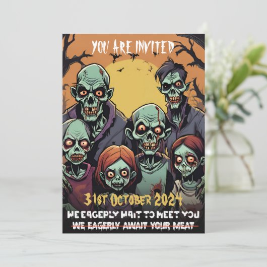 Grappige Zombie Familie Halloween Party Kaart (Staand voorkant)