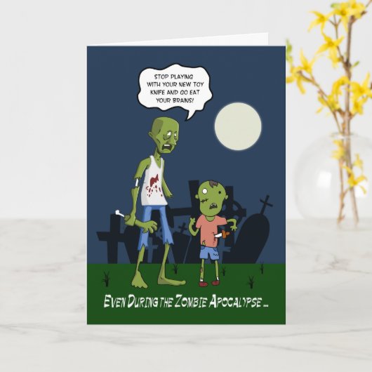 Grappige zombie vader en zoon voor vaderdag kaart (Gele Bloem)