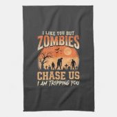 Grappige zombies halloween achtervolgen ons ontwer theedoek (Verticaal)