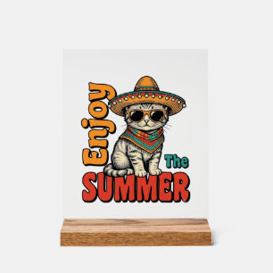 Grappige Zomer Kat Sombrero Vintage Gravure Ontwer Acryl Bord
