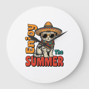 Grappige Zomer Kat Sombrero Vintage Gravure Ontwer Grote Klok