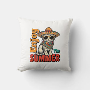 Grappige Zomer Kat Sombrero Vintage Gravure Ontwer Kussen