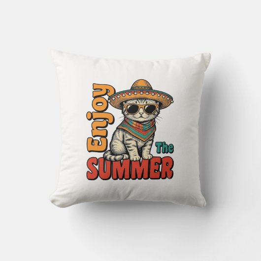 Grappige Zomer Kat Sombrero Vintage Gravure Ontwer Kussen (Voorkant)