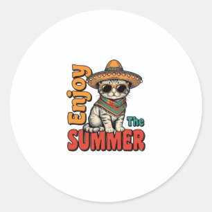 Grappige zomer kat sombrero vintage gravure ontwer ronde sticker