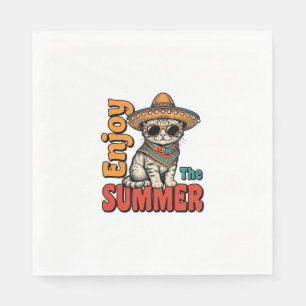 Grappige Zomer Kat Sombrero Vintage Gravure Ontwer Servet