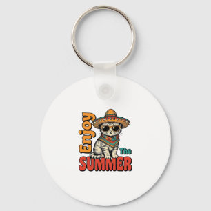 Grappige zomer kat sombrero vintage gravure ontwer sleutelhanger