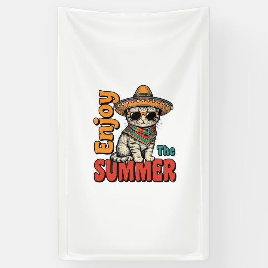 Grappige zomer kat sombrero vintage gravure ontwer spandoek (Verticaal)
