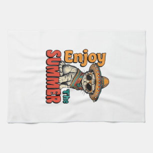 Grappige Zomer Kat Sombrero Vintage Gravure Ontwer Theedoek