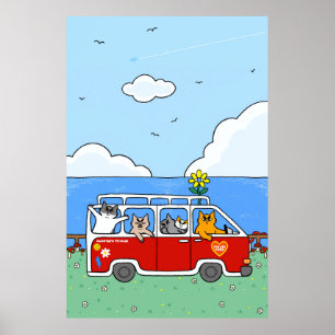 Grappige Zomer Stemming Katten Retro Surf Busje Poster