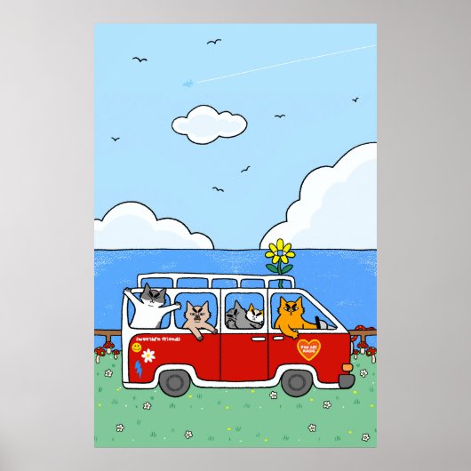 Grappige Zomer Stemming Katten Retro Surf Busje Poster (Voorkant)