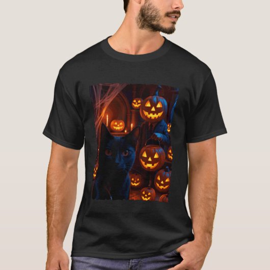 Grappige Zwart Kat Selfie met Jack O Lantern Pompo T-shirt (Voorkant)